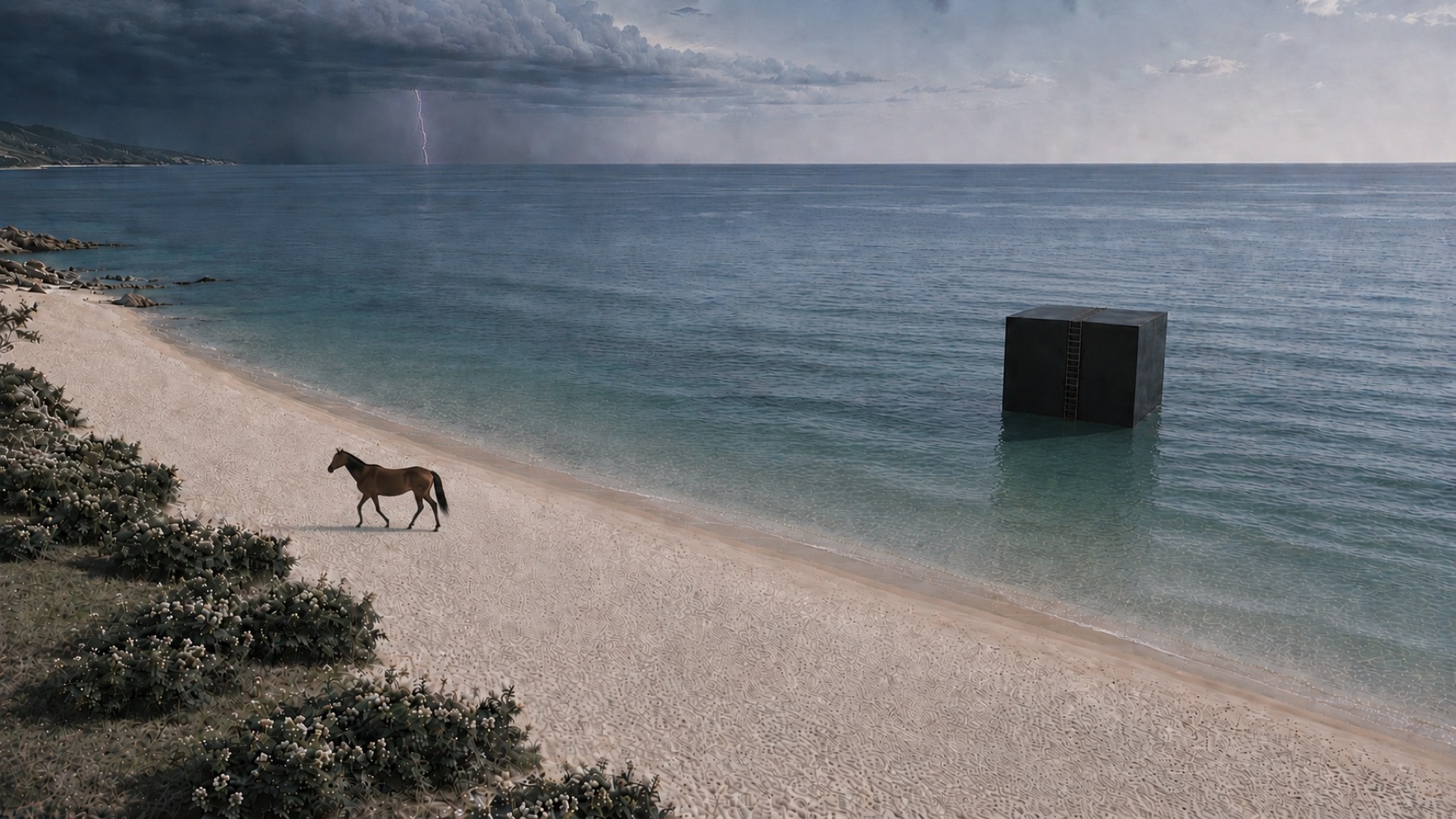 A dark cube standing in shallow ocean water beneath storm clouds